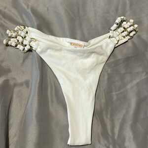 Bahimi white and gold scrunch thong swimsuit bottoms